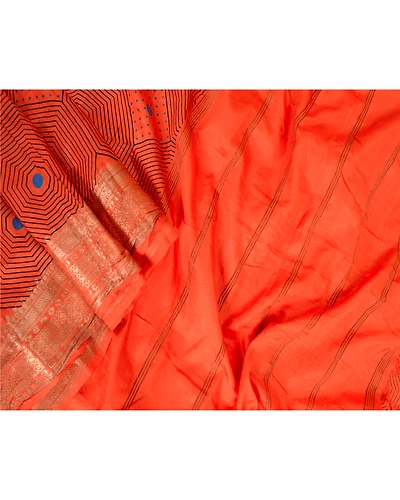 Sanskriti Vintage Sarees Orange Pure Silk Printed Zari Work Sari Craft Fabric, PR-63521-Orange-Pure Silk-3