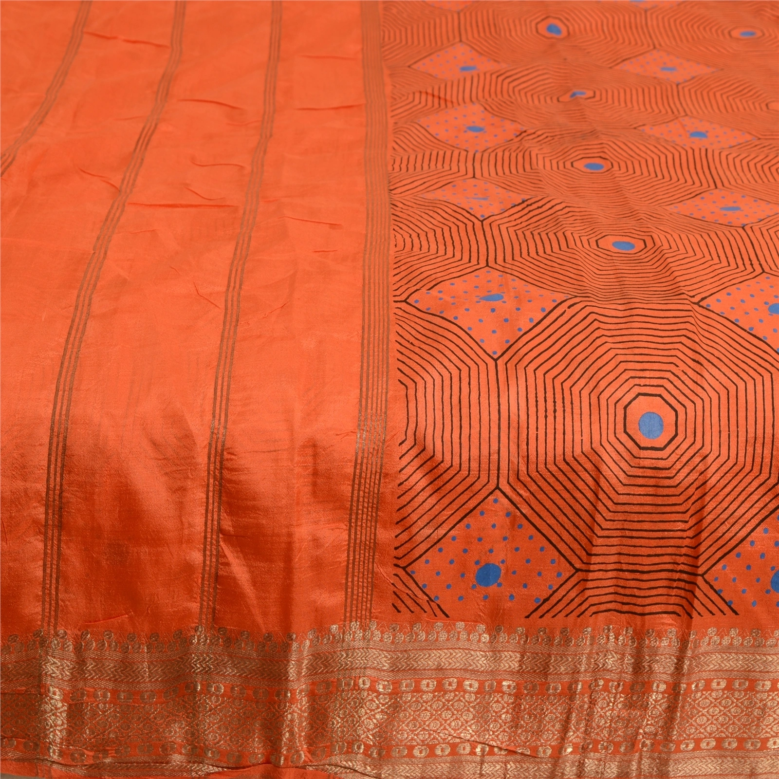 Sanskriti Vintage Sarees Orange Pure Silk Printed Zari Work Sari Craft Fabric, PR-63521-Orange-Pure Silk-4