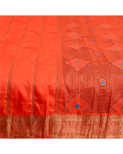 Sanskriti Vintage Sarees Orange Pure Silk Printed Zari Work Sari Craft Fabric, PR-63521-Orange-Pure Silk-4