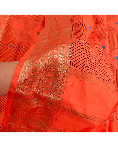 Sanskriti Vintage Sarees Orange Pure Silk Printed Zari Work Sari Craft Fabric, PR-63521-Orange-Pure Silk-6