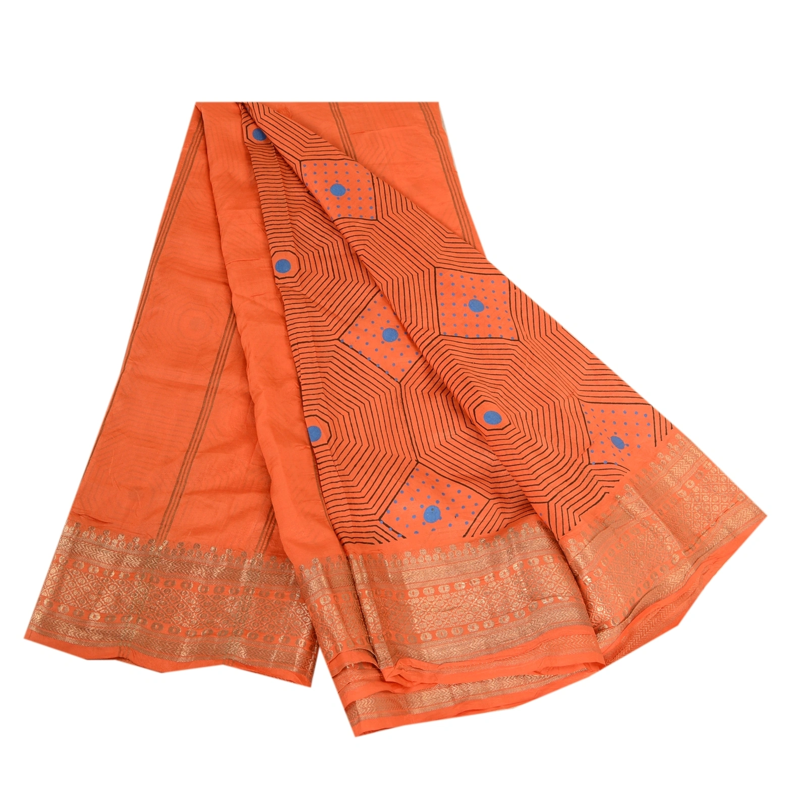 Sanskriti Vintage Sarees Orange Pure Silk Printed Zari Work Sari Craft Fabric, PR-63521-Orange-Pure Silk-7