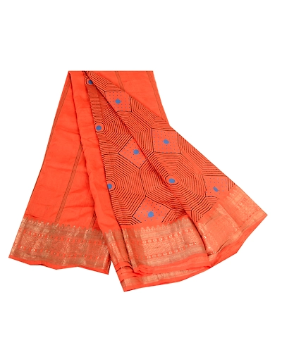 Sanskriti Vintage Sarees Orange Pure Silk Printed Zari Work Sari Craft Fabric, PR-63521-Orange-Pure Silk-7
