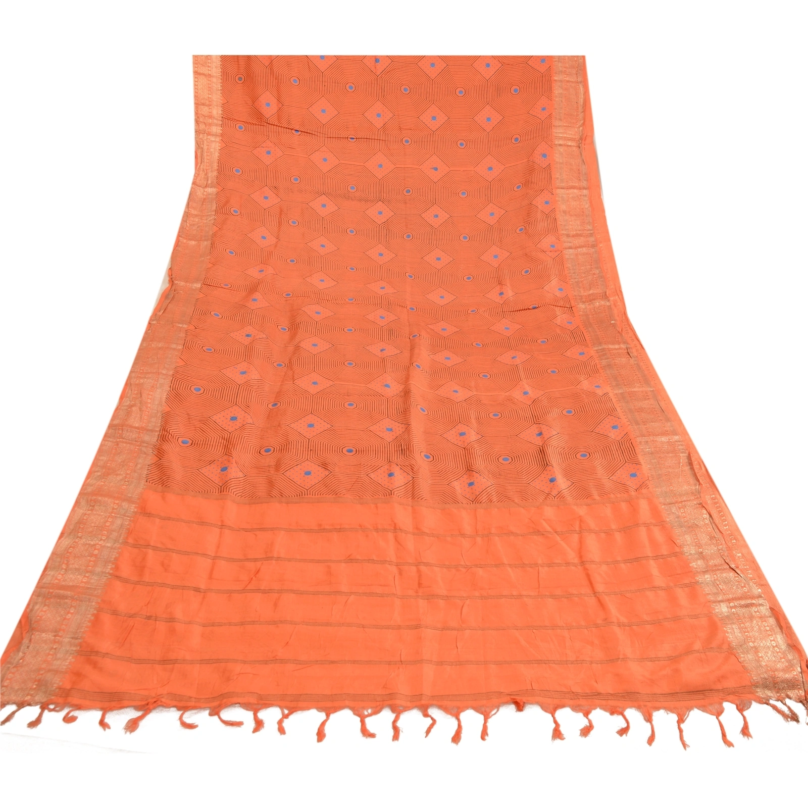 Sanskriti Vintage Sarees Orange Pure Silk Printed Zari Work Sari Craft Fabric, PR-63521-Orange-Pure Silk-8