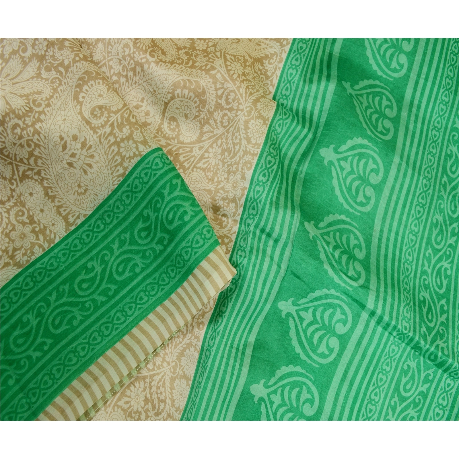 Sanskriti Vintage Sarees Ivory Indian 100% Pure Silk Printed Sari Craft Fabric, PR-63526-Ivory-Pure Silk-1