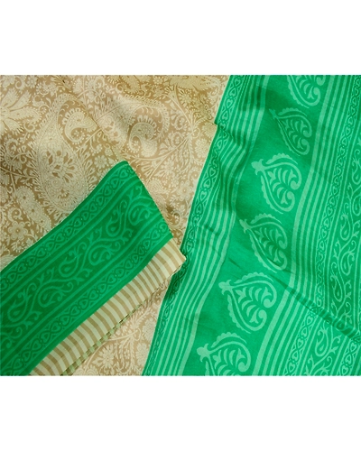 Sanskriti Vintage Sarees Ivory Indian 100% Pure Silk Printed Sari Craft Fabric, PR-63526-Ivory-Pure Silk-1