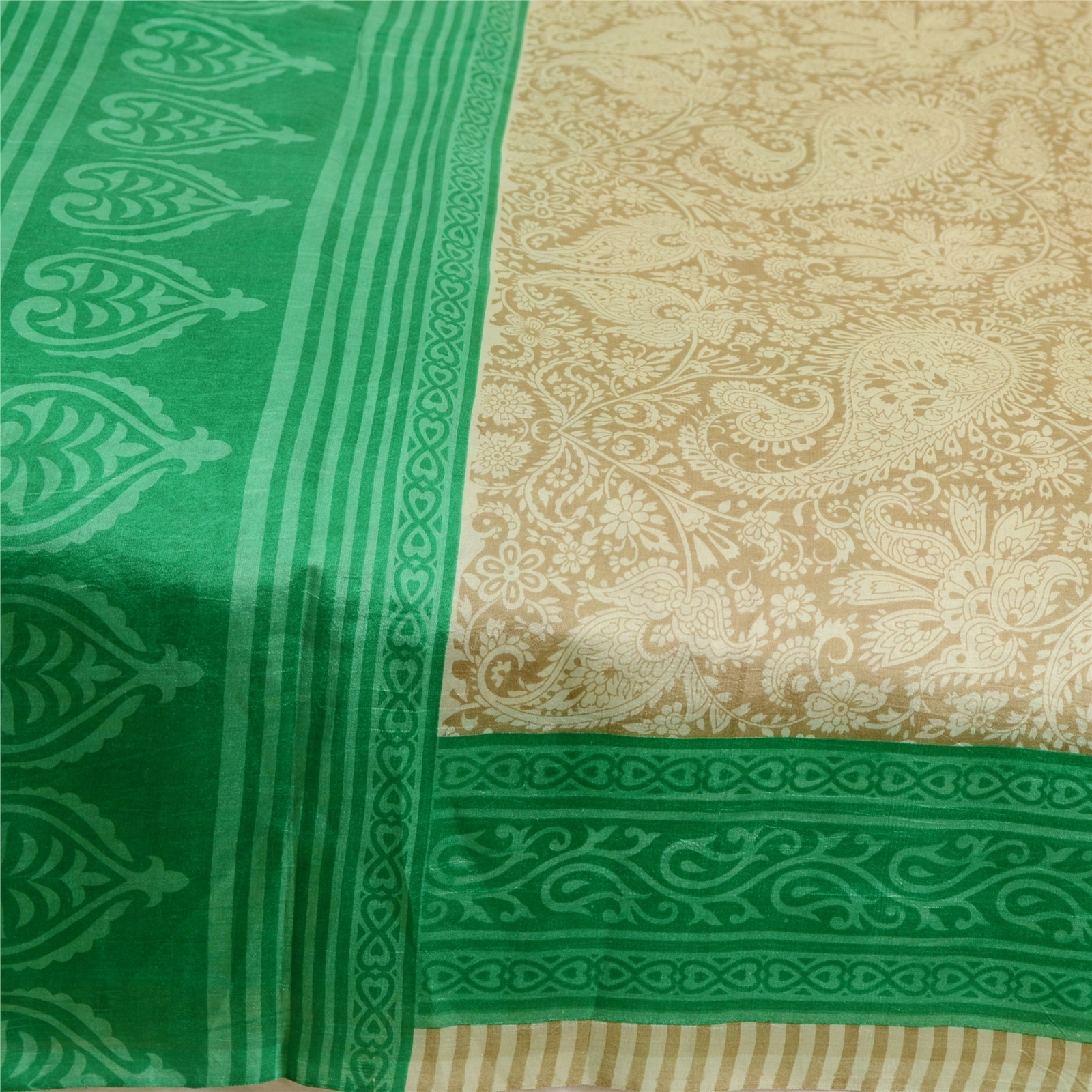 Sanskriti Vintage Sarees Ivory Indian 100% Pure Silk Printed Sari Craft Fabric, PR-63526-Ivory-Pure Silk-3