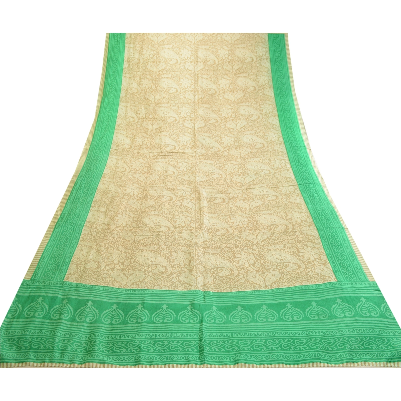 Sanskriti Vintage Sarees Ivory Indian 100% Pure Silk Printed Sari Craft Fabric, PR-63526-Ivory-Pure Silk-7