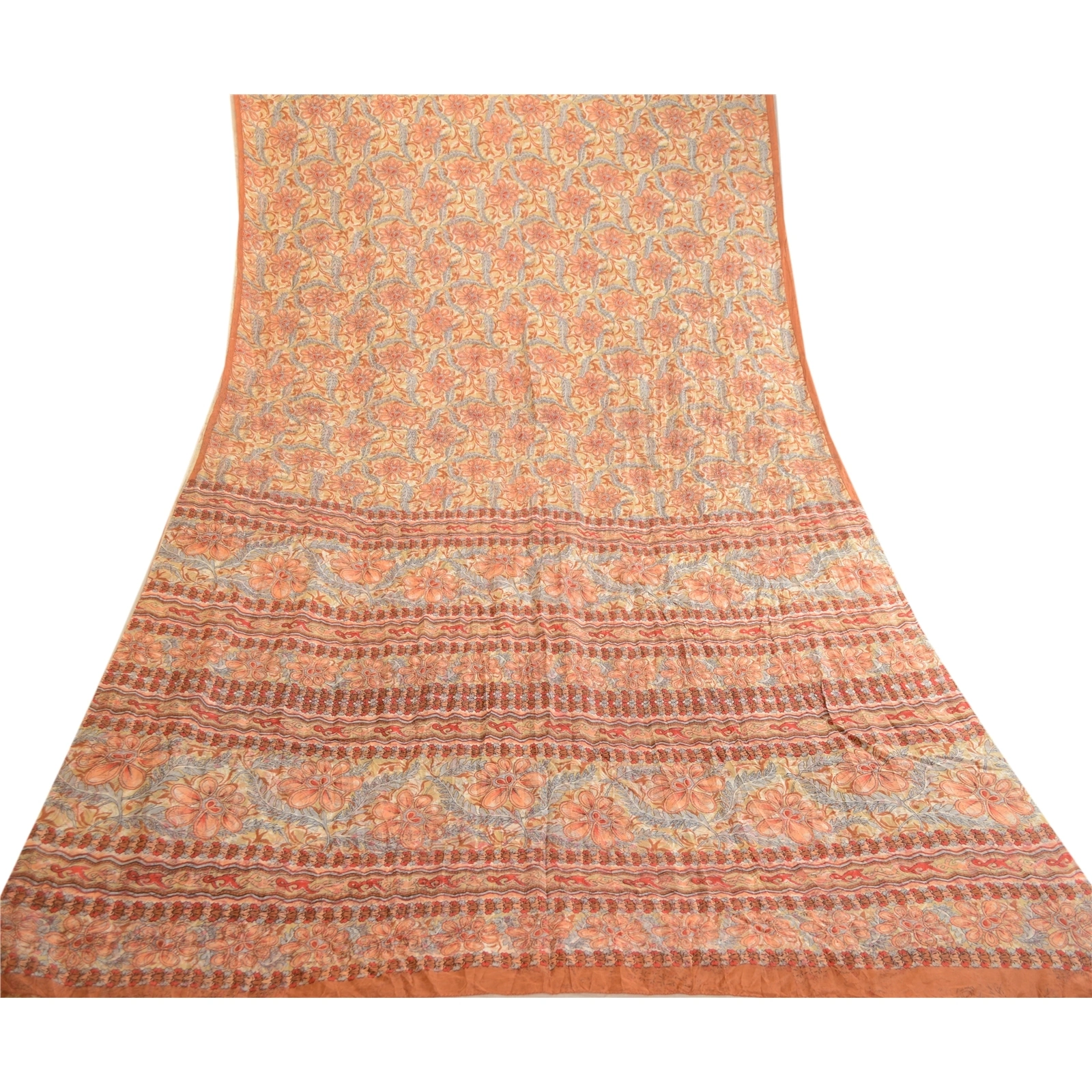 Sanskriti Vintage Sarees Orange Indian Pure Silk Printed Sari Soft Craft Fabric, PR-63532-Orange-Pure Silk-7