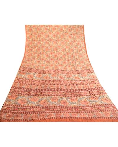 Sanskriti Vintage Sarees Orange Indian Pure Silk Printed Sari Soft Craft Fabric, PR-63532-Orange-Pure Silk-7