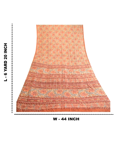Sanskriti Vintage Sarees Orange Indian Pure Silk Printed Sari Soft Craft Fabric, PR-63532-Orange-Pure Silk-8