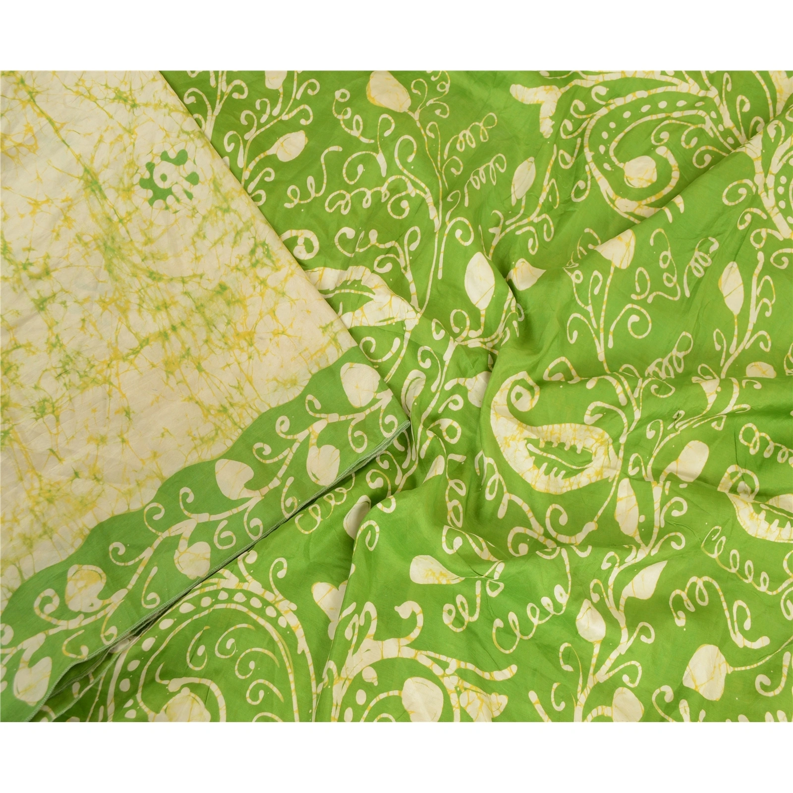 Sanskriti Vintage Green Sarees 100% Pure Silk Batik Work Sari Craft 5 Yd Fabric, PR-63538-Green &amp; Ivory-Pure Silk-2