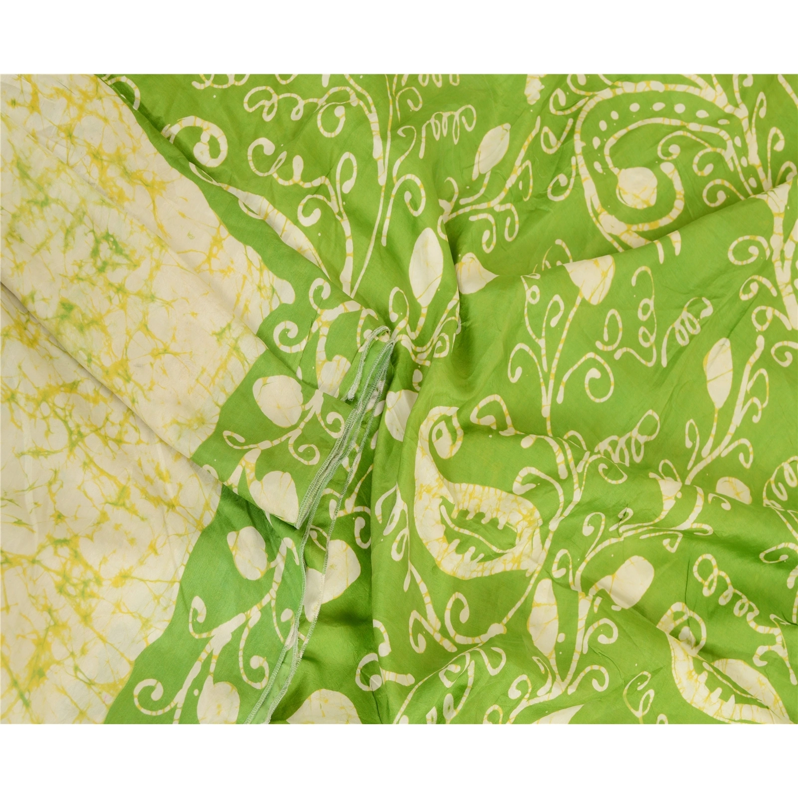 Sanskriti Vintage Green Sarees 100% Pure Silk Batik Work Sari Craft 5 Yd Fabric, PR-63538-Green &amp; Ivory-Pure Silk-3