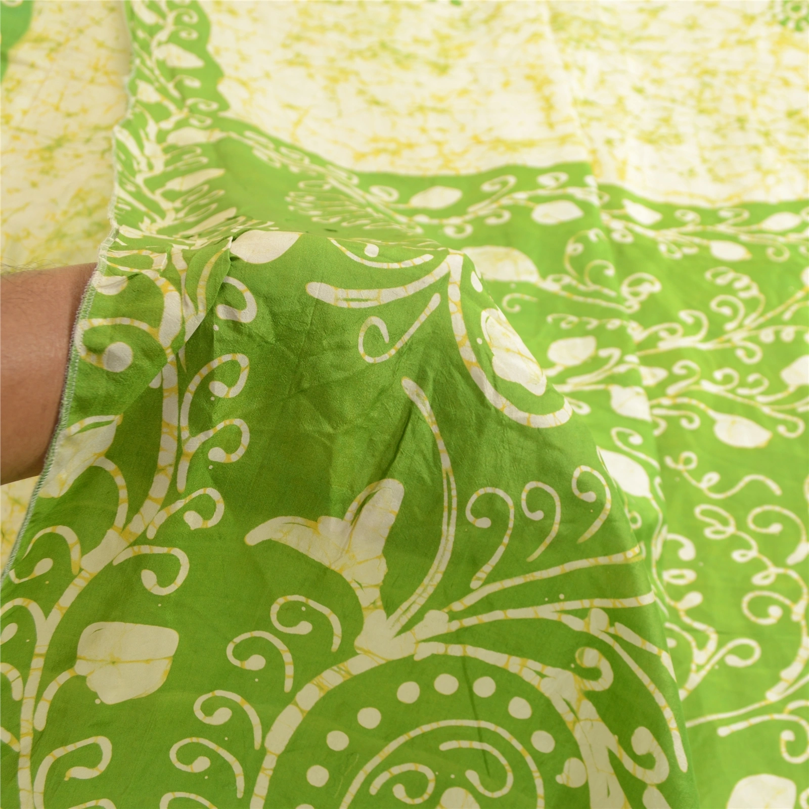 Sanskriti Vintage Green Sarees 100% Pure Silk Batik Work Sari Craft 5 Yd Fabric, PR-63538-Green &amp; Ivory-Pure Silk-6