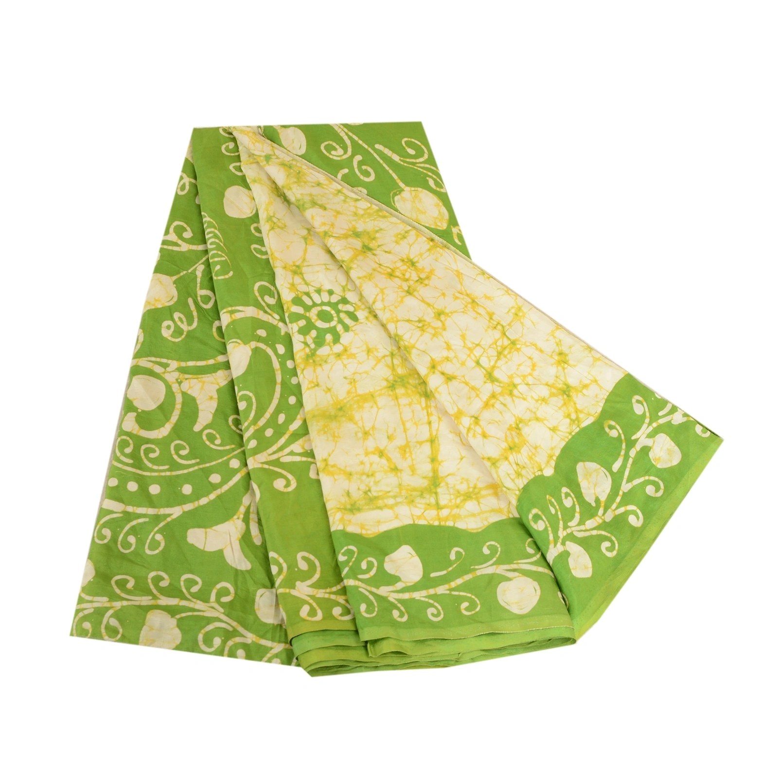 Sanskriti Vintage Green Sarees 100% Pure Silk Batik Work Sari Craft 5 Yd Fabric, PR-63538-Green &amp; Ivory-Pure Silk-7