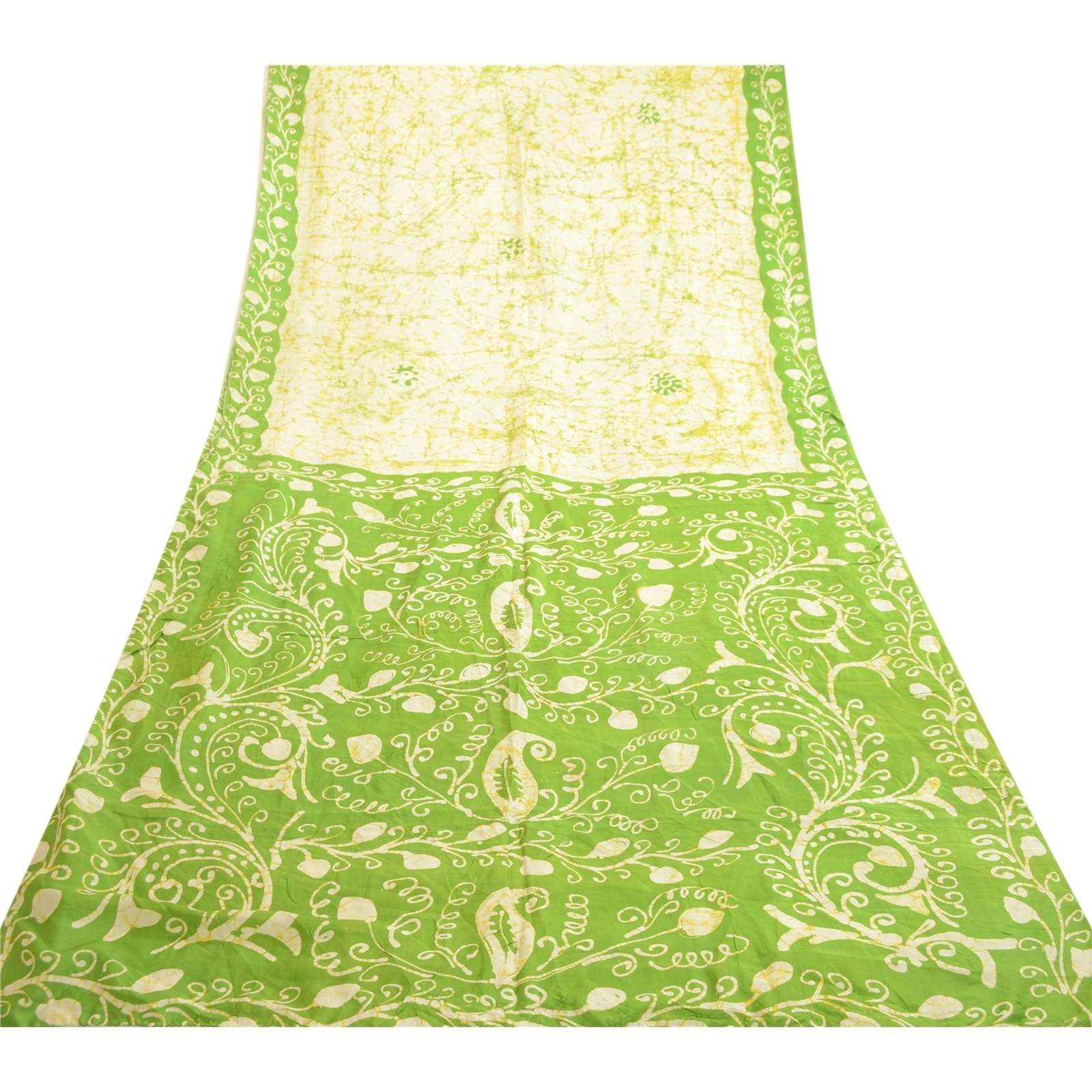 Sanskriti Vintage Green Sarees 100% Pure Silk Batik Work Sari Craft 5 Yd Fabric, PR-63538-Green &amp; Ivory-Pure Silk-8