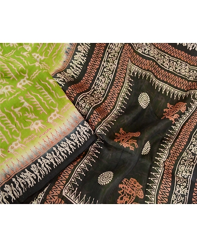 Sanskriti Vintage Sarees Green 100% Pure Silk Printed Sari Craft 5 Yard Fabric, PR-63539-Green &amp; Black-Pure Silk-1