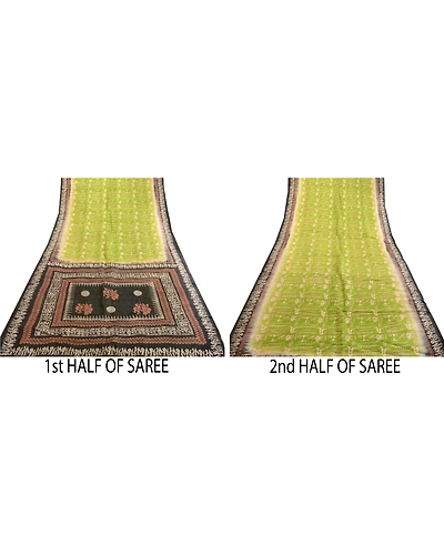 Sanskriti Vintage Sarees Green 100% Pure Silk Printed Sari Craft 5 Yard Fabric, PR-63539-Green &amp; Black-Pure Silk-4