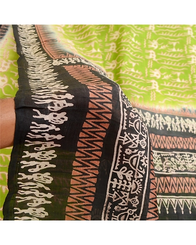 Sanskriti Vintage Sarees Green 100% Pure Silk Printed Sari Craft 5 Yard Fabric, PR-63539-Green &amp; Black-Pure Silk-5
