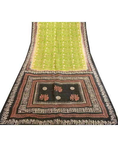 Sanskriti Vintage Sarees Green 100% Pure Silk Printed Sari Craft 5 Yard Fabric, PR-63539-Green &amp; Black-Pure Silk-7