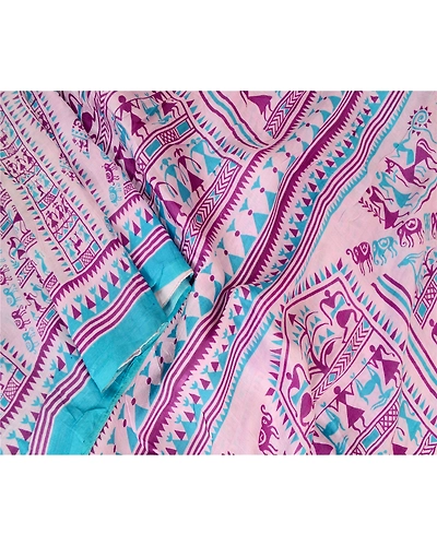 Sanskriti Vintage Sarees Purple 100% Pure Silk Warli Printed Sari Craft Fabric, PR-63540-Purple-Pure Silk-2