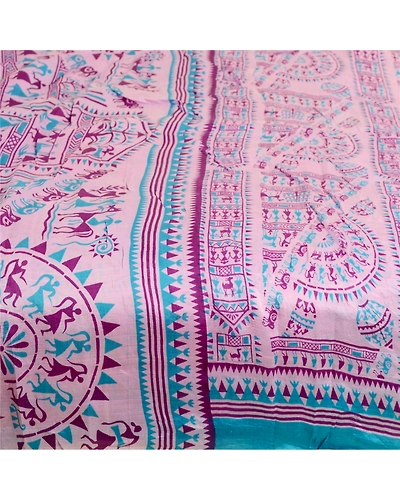 Sanskriti Vintage Sarees Purple 100% Pure Silk Warli Printed Sari Craft Fabric, PR-63540-Purple-Pure Silk-3