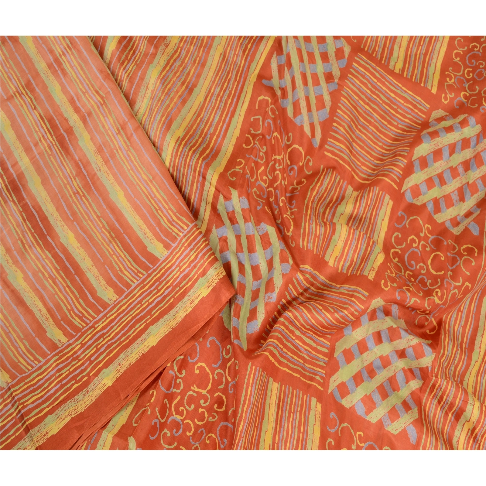 Sanskriti Vintage Rusty Orange Sarees Pure Silk Printed Sari Craft 5 Yard Fabric, PR-63543-Rusty Orange-Pure Silk-1