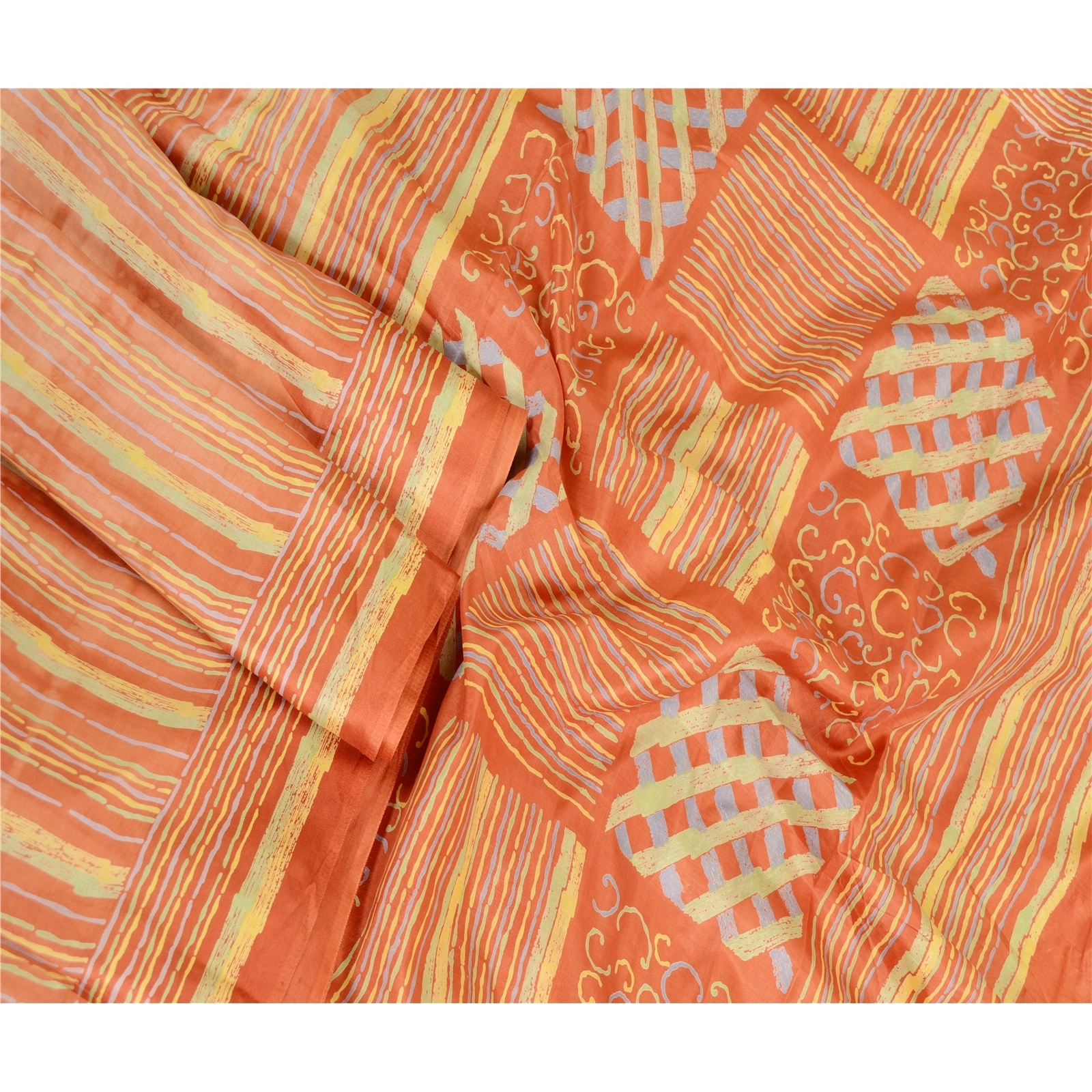 Sanskriti Vintage Rusty Orange Sarees Pure Silk Printed Sari Craft 5 Yard Fabric, PR-63543-Rusty Orange-Pure Silk-2