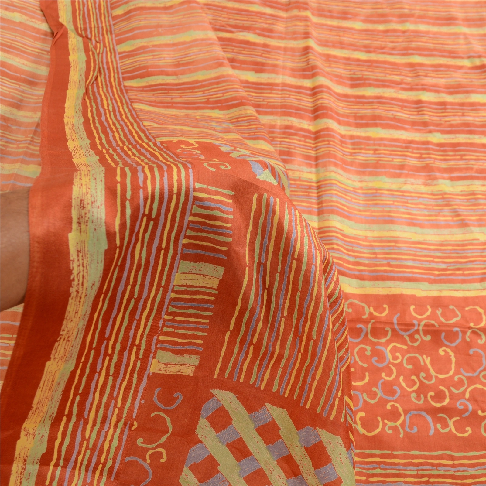 Sanskriti Vintage Rusty Orange Sarees Pure Silk Printed Sari Craft 5 Yard Fabric, PR-63543-Rusty Orange-Pure Silk-5