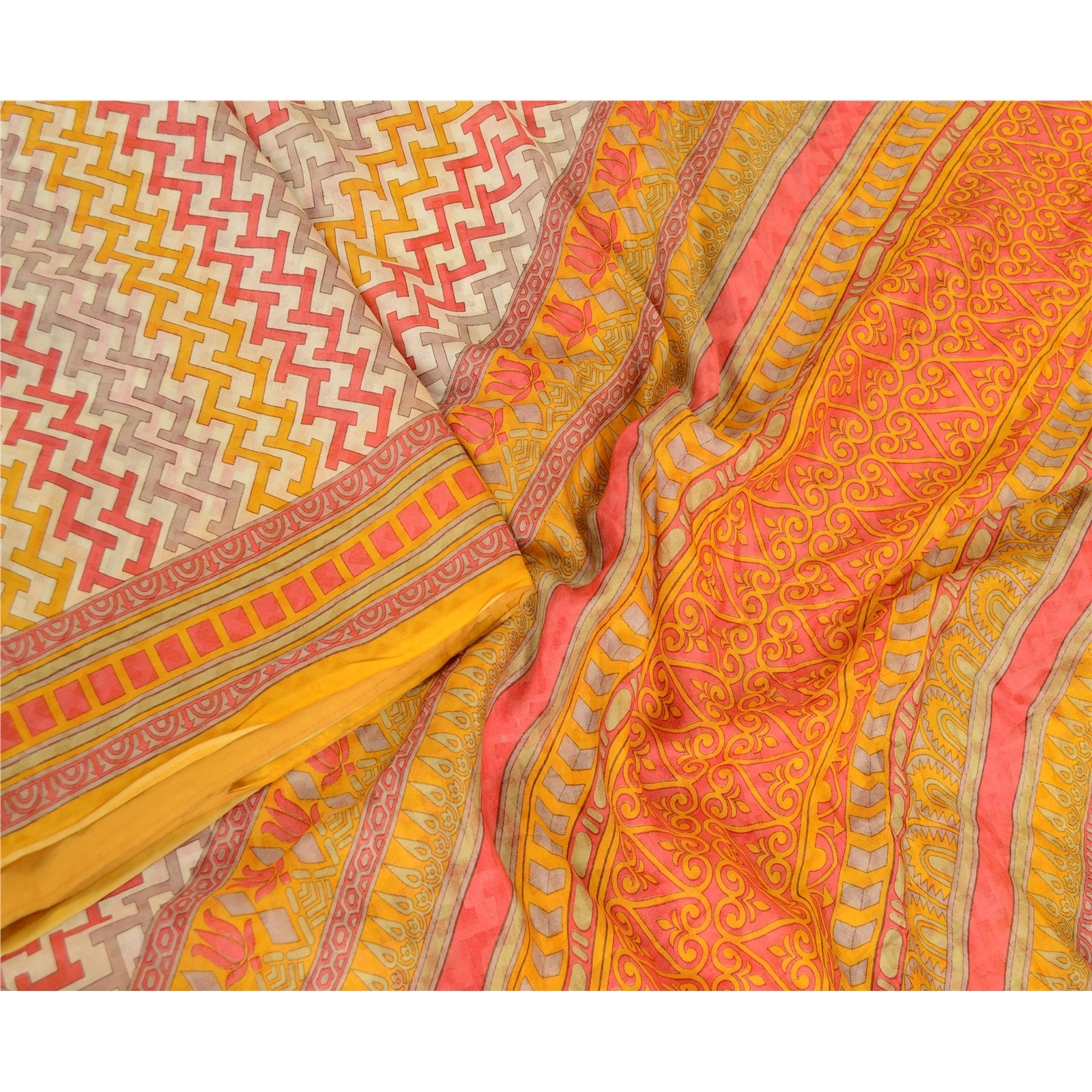 Sanskriti Vintage Ivory Sarees 100% Pure Silk Printed Woven Sari Craft Fabric, PR-63545-Yellow &amp; Ivory-Pure Silk-1