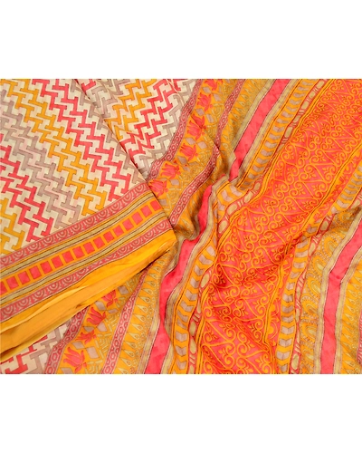 Sanskriti Vintage Ivory Sarees 100% Pure Silk Printed Woven Sari Craft Fabric, PR-63545-Yellow &amp; Ivory-Pure Silk-1