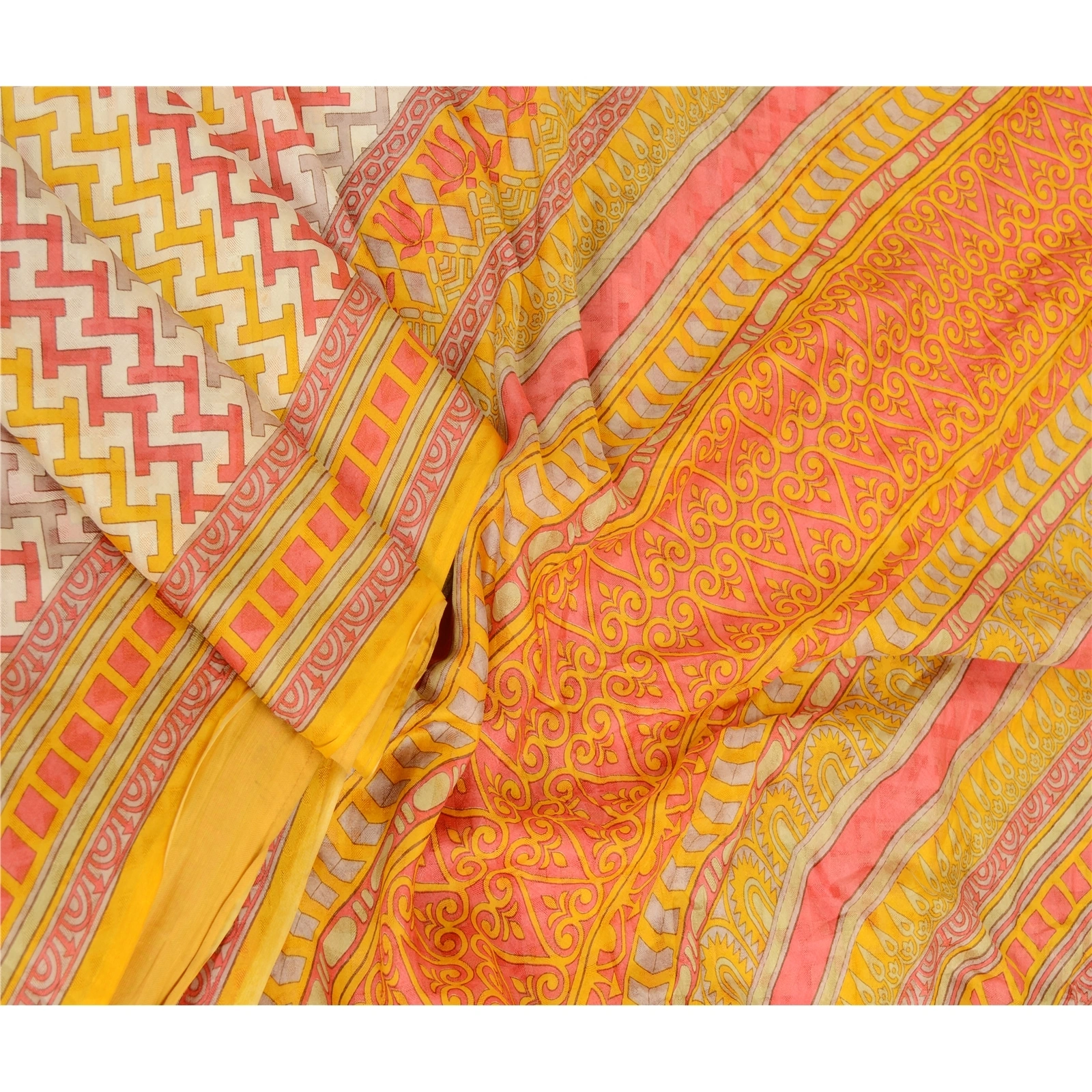 Sanskriti Vintage Ivory Sarees 100% Pure Silk Printed Woven Sari Craft Fabric, PR-63545-Yellow &amp; Ivory-Pure Silk-2