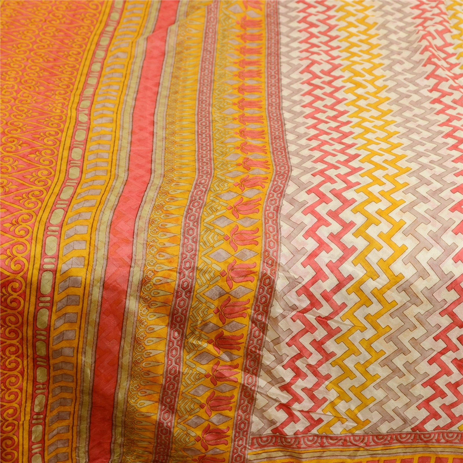 Sanskriti Vintage Ivory Sarees 100% Pure Silk Printed Woven Sari Craft Fabric, PR-63545-Yellow &amp; Ivory-Pure Silk-3