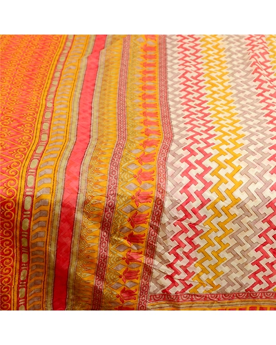 Sanskriti Vintage Ivory Sarees 100% Pure Silk Printed Woven Sari Craft Fabric, PR-63545-Yellow &amp; Ivory-Pure Silk-3