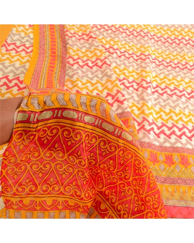 Sanskriti Vintage Ivory Sarees 100% Pure Silk Printed Woven Sari Craft Fabric, PR-63545-Yellow &amp; Ivory-Pure Silk-5