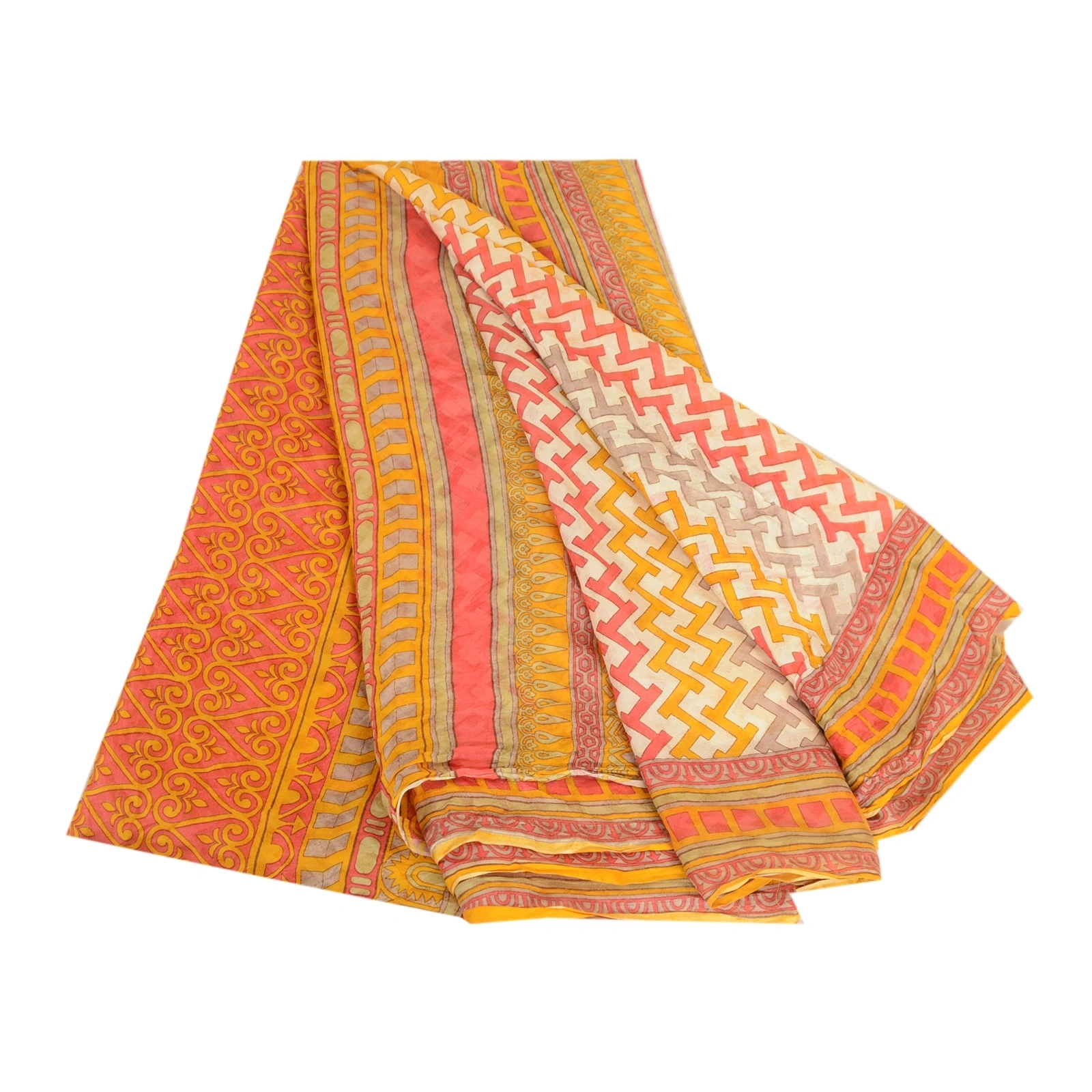 Sanskriti Vintage Ivory Sarees 100% Pure Silk Printed Woven Sari Craft Fabric, PR-63545-Yellow &amp; Ivory-Pure Silk-6