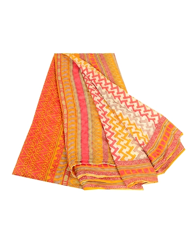 Sanskriti Vintage Ivory Sarees 100% Pure Silk Printed Woven Sari Craft Fabric, PR-63545-Yellow &amp; Ivory-Pure Silk-6