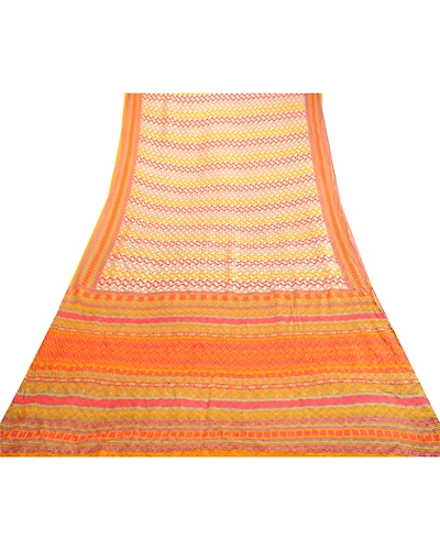 Sanskriti Vintage Ivory Sarees 100% Pure Silk Printed Woven Sari Craft Fabric, PR-63545-Yellow &amp; Ivory-Pure Silk-7