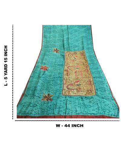 Sanskriti Vintage Sarees Green 100% Pure Silk Printed Sari Craft 5 Yard Fabric, PR-63546-Shade Of Green-Pure Silk-9