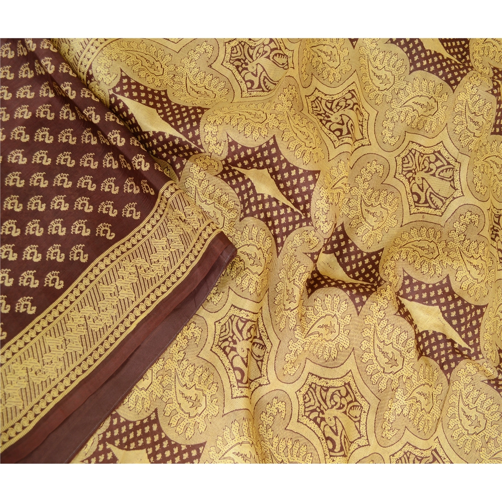 Sanskriti Vintage Sarees Indian Coffee-Brown Pure Silk Printed Sari Craft Fabric, PR-63551-Coffee-Brown-Pure Silk-1