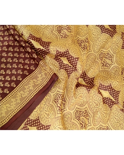 Sanskriti Vintage Sarees Indian Coffee-Brown Pure Silk Printed Sari Craft Fabric, PR-63551-Coffee-Brown-Pure Silk-1