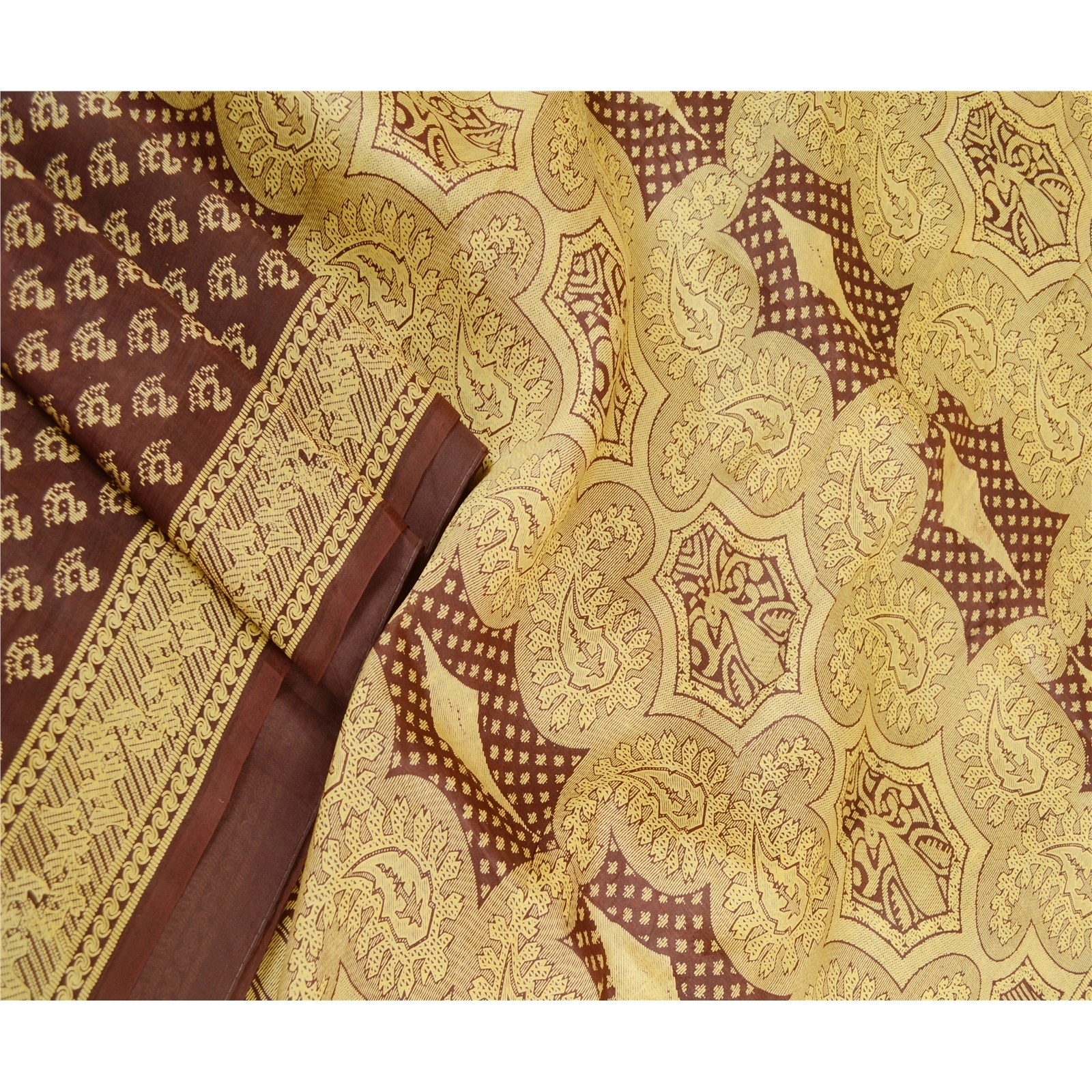 Sanskriti Vintage Sarees Indian Coffee-Brown Pure Silk Printed Sari Craft Fabric, PR-63551-Coffee-Brown-Pure Silk-2