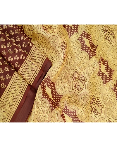 Sanskriti Vintage Sarees Indian Coffee-Brown Pure Silk Printed Sari Craft Fabric, PR-63551-Coffee-Brown-Pure Silk-2