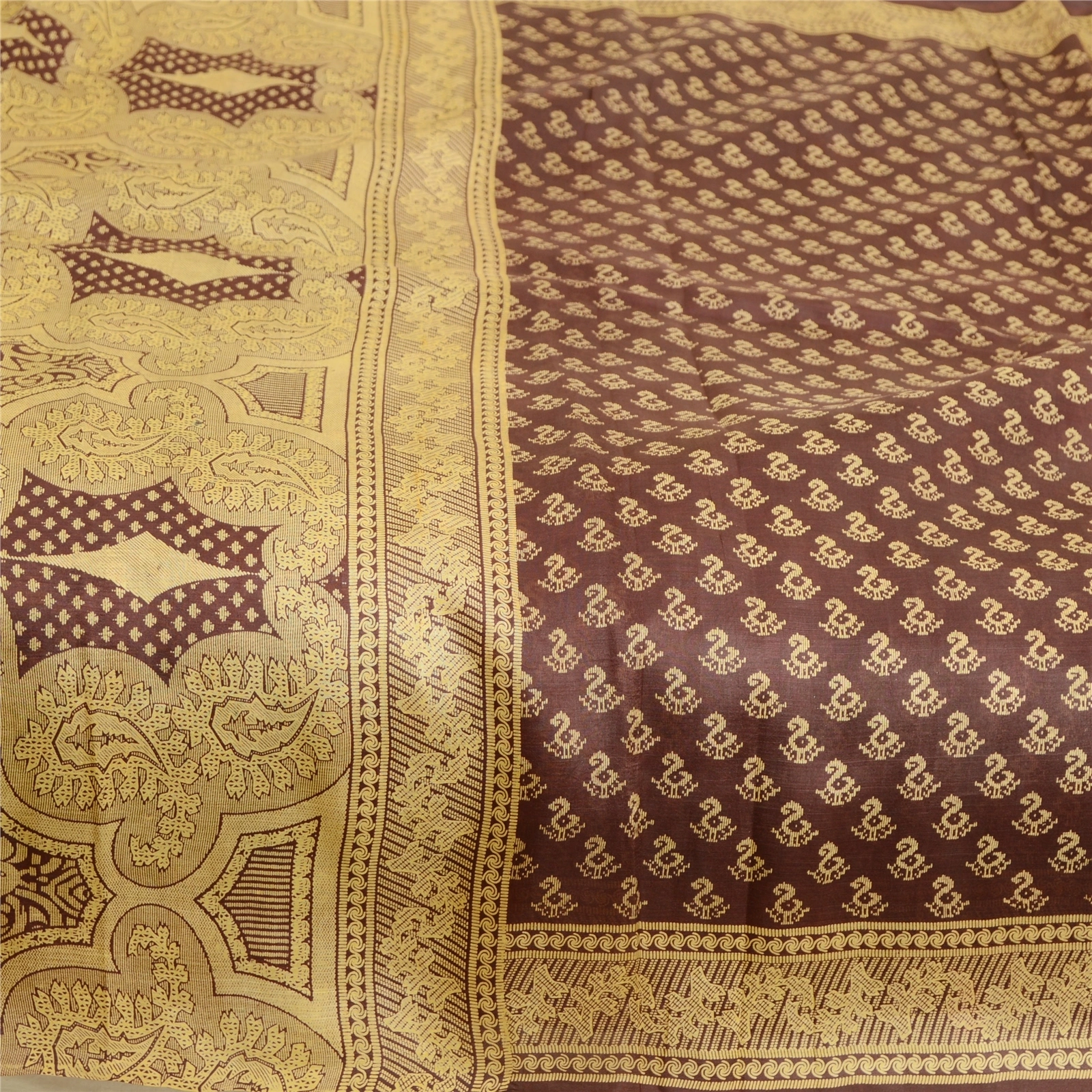 Sanskriti Vintage Sarees Indian Coffee-Brown Pure Silk Printed Sari Craft Fabric, PR-63551-Coffee-Brown-Pure Silk-3