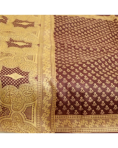 Sanskriti Vintage Sarees Indian Coffee-Brown Pure Silk Printed Sari Craft Fabric, PR-63551-Coffee-Brown-Pure Silk-3