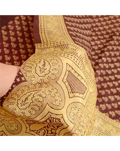 Sanskriti Vintage Sarees Indian Coffee-Brown Pure Silk Printed Sari Craft Fabric, PR-63551-Coffee-Brown-Pure Silk-5