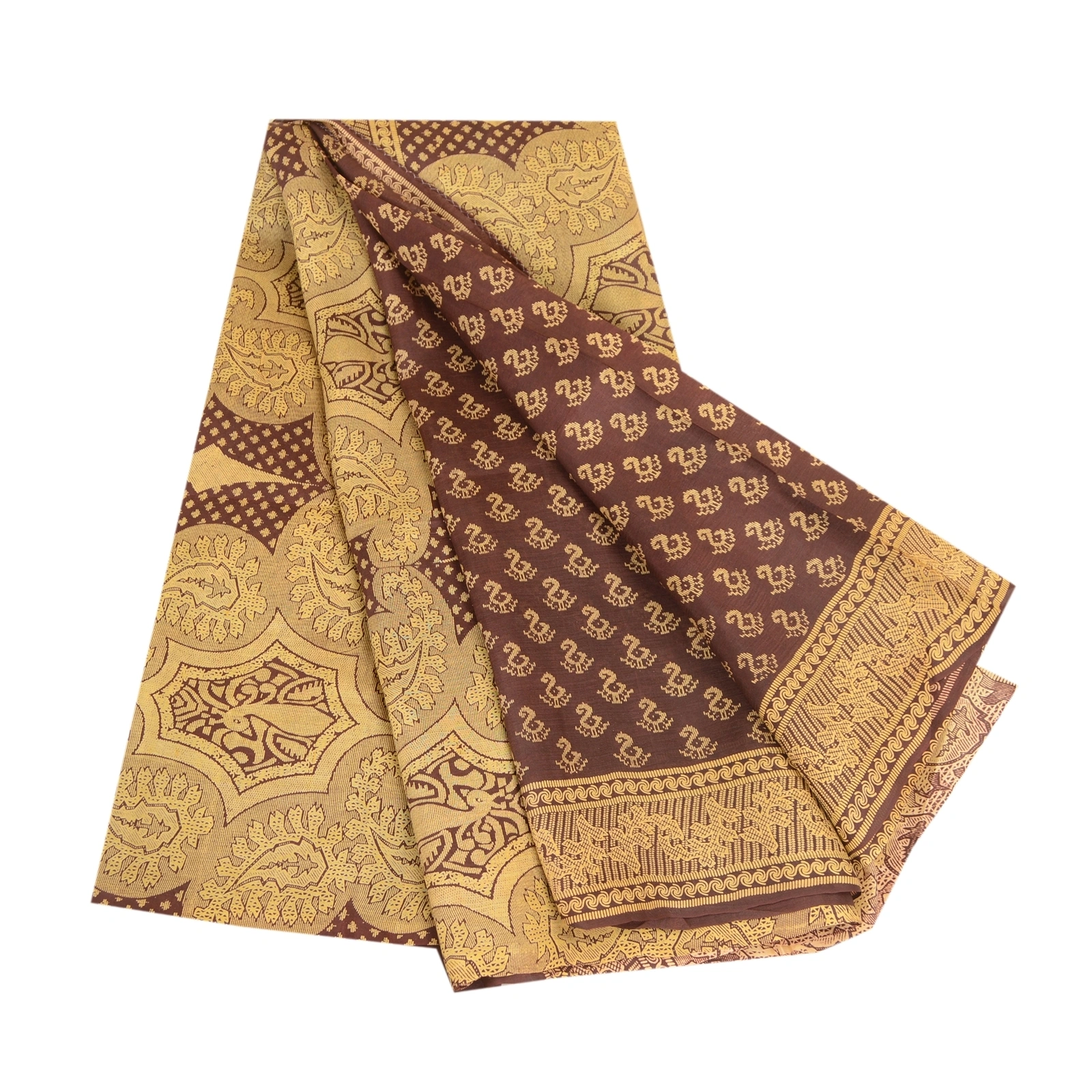 Sanskriti Vintage Sarees Indian Coffee-Brown Pure Silk Printed Sari Craft Fabric, PR-63551-Coffee-Brown-Pure Silk-6