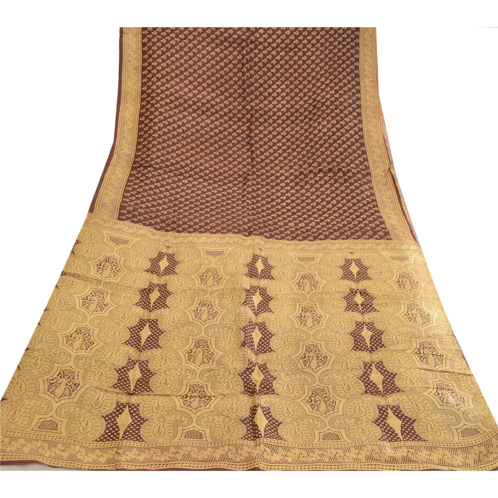 Sanskriti Vintage Sarees Indian Coffee-Brown Pure Silk Printed Sari Craft Fabric, PR-63551-Coffee-Brown-Pure Silk-7