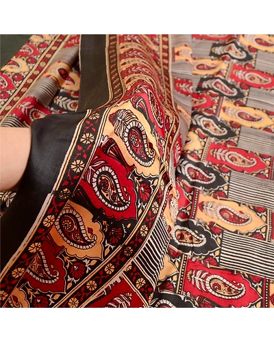Sanskriti Vintage Sarees Dark Red Pure Silk Printed Sari Paisley Craft Fabric, PR-63552-Dark Red-Pure Silk-5