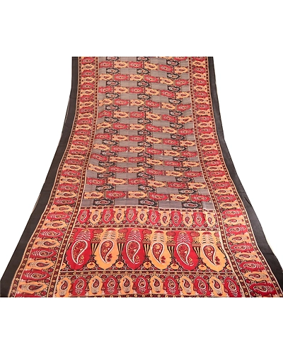 Sanskriti Vintage Sarees Dark Red Pure Silk Printed Sari Paisley Craft Fabric, PR-63552-Dark Red-Pure Silk-7