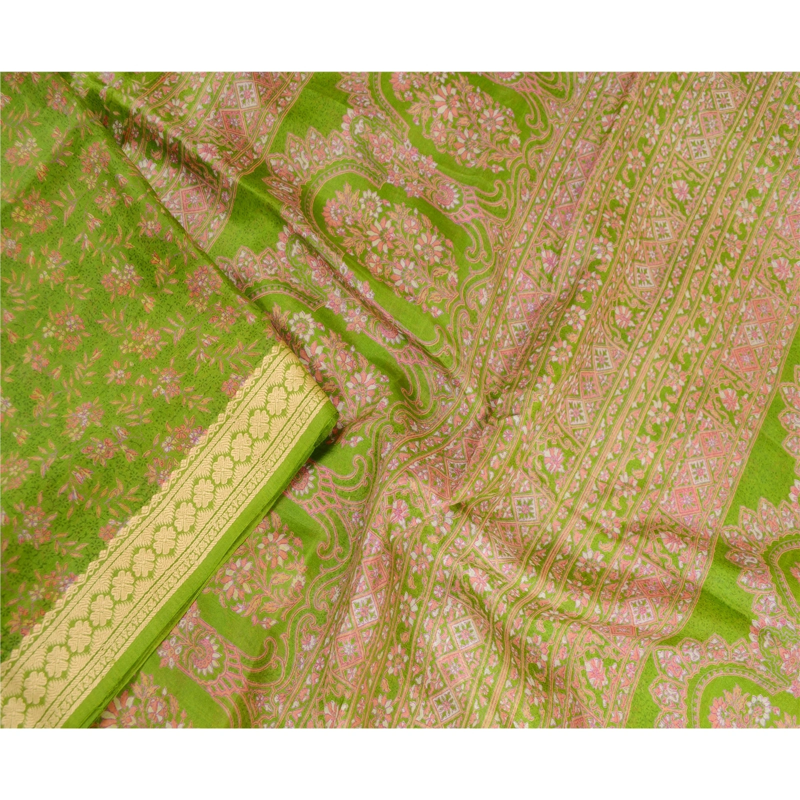 Sanskriti Vintage Sarees From India Green Pure Silk Printed Sari Craft Fabric, PR-63553-Green-Pure Silk-1